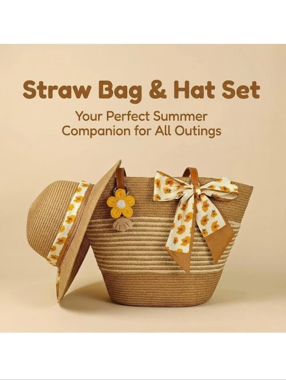 Straw Tote Bag in Tan with Yellow Flower Charm